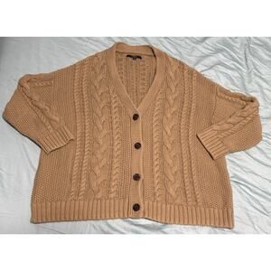 Quince 100% Organic Cotton Oversized Cable Cardigan Sweater Fisherman Camel Sz S